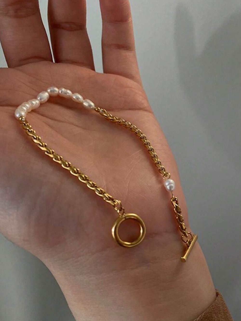 Gold and White Pearl Chain Bracelet with Toggle